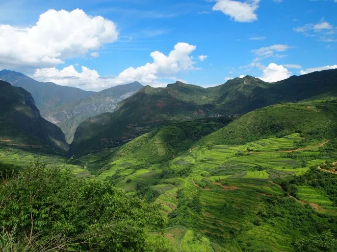 Uitzicht Wumu Lijiang Yunnan kleurrijke rijstterassen